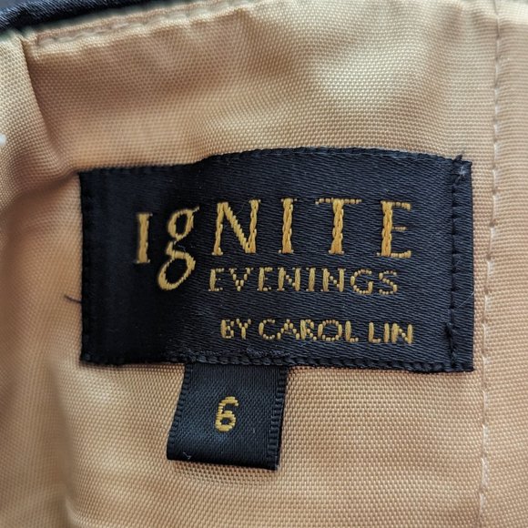 IGNITE EVENINGS BY CAROL LIN FORMAL COCKTAIL DRESS GOLD BLACK LACE FEATHERS SZ 6 - Picture 5 of 9